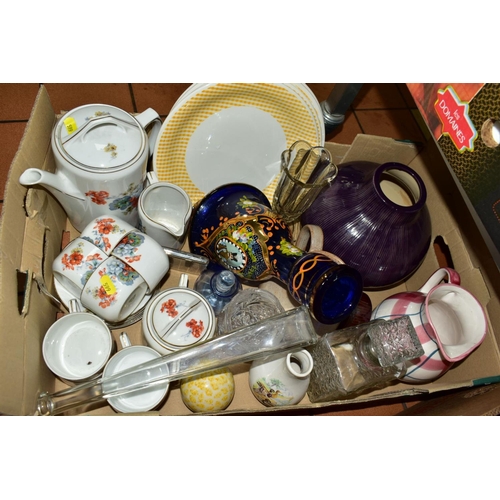 599 - THREE BOXES AND LOOSE SUNDRY ITEMS to include 'Aich' Czechoslavakian coffee set, ceramic jugs and va... 