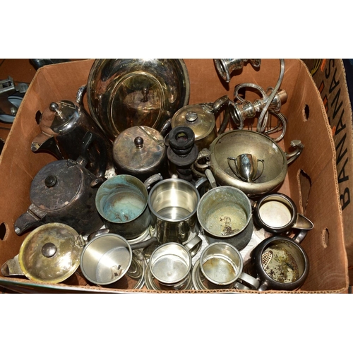 601 - FOUR BOXES OF METALWARES AND SUNDRY ITEMS to include plated teapot, coffee pot, jugs, candlesticks, ... 