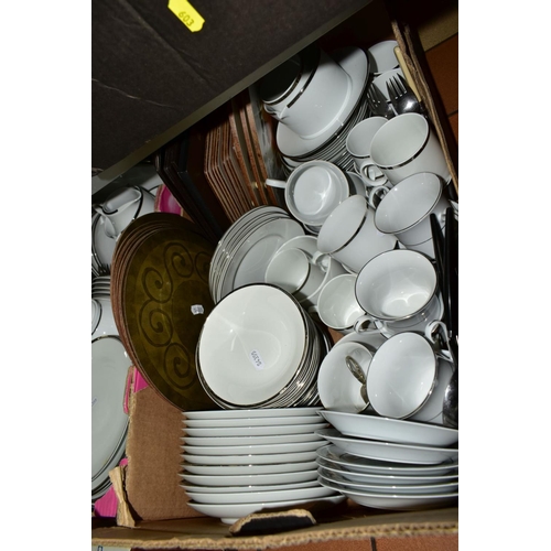 603 - FOUR BOXES OF CERAMICS AND GLASS etc, to include a white with silver rim part dinner service compris... 