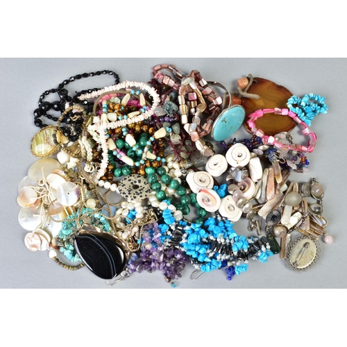 62 - A SELECTION OF GEM JEWELLERY, to include a malachite bead necklace, a tiger's eye bead necklace, an ... 