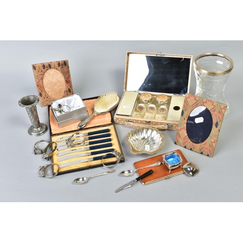 64 - A BOX OF MISCELLANEOUS ITEMS, to include a waisted cut glass vase with silver rim, a cased set of si... 