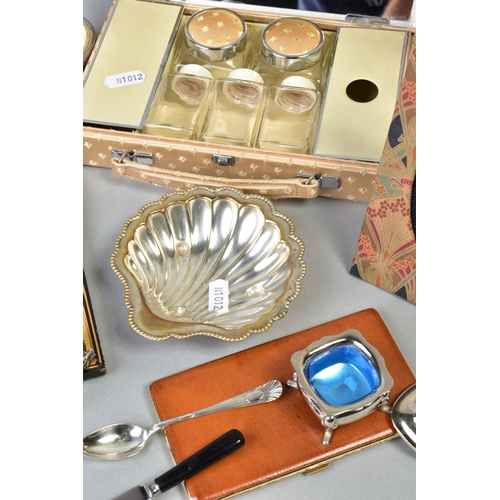 64 - A BOX OF MISCELLANEOUS ITEMS, to include a waisted cut glass vase with silver rim, a cased set of si... 