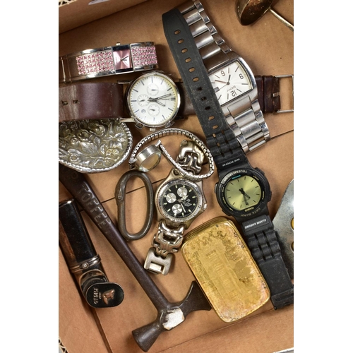 65 - A SMALL BOX OF WATCHES etc, to include a gentleman's DKNY wristwatch, a Casio watch etc, together wi... 