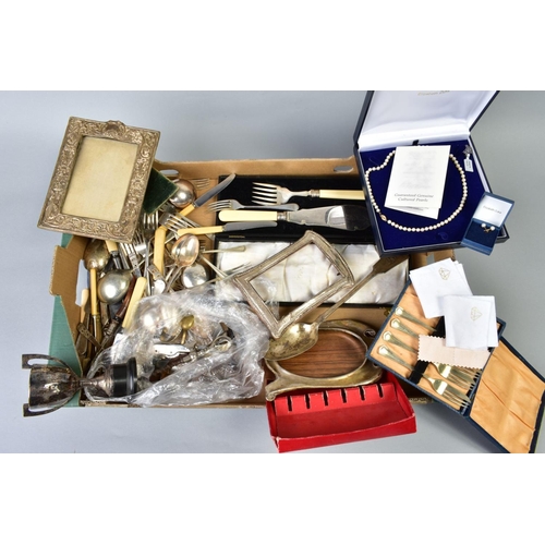 67 - A BOX OF PLATED CUTLERY, FRAMES etc, to include a single row, uniform cultured pearl necklace, a pai... 