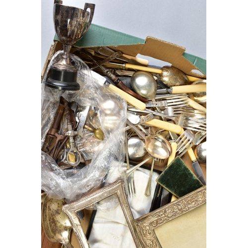 67 - A BOX OF PLATED CUTLERY, FRAMES etc, to include a single row, uniform cultured pearl necklace, a pai... 