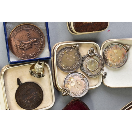 70 - A SELECTION OF MEDALS etc, to include five early 20th Century silver medals, all with silver hallmar... 