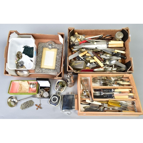 71 - TWO SMALL BOXES OF MISCELLANEOUS ITEMS, to include a pair of silver napkin rings, a late Georgian la... 