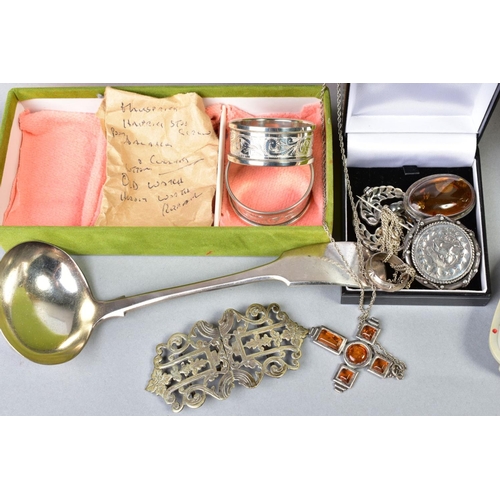 71 - TWO SMALL BOXES OF MISCELLANEOUS ITEMS, to include a pair of silver napkin rings, a late Georgian la... 