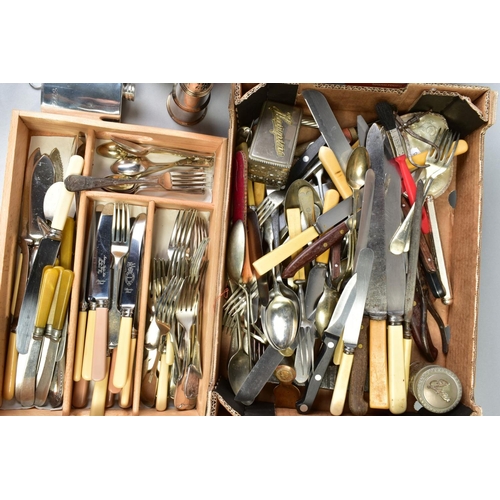 71 - TWO SMALL BOXES OF MISCELLANEOUS ITEMS, to include a pair of silver napkin rings, a late Georgian la... 