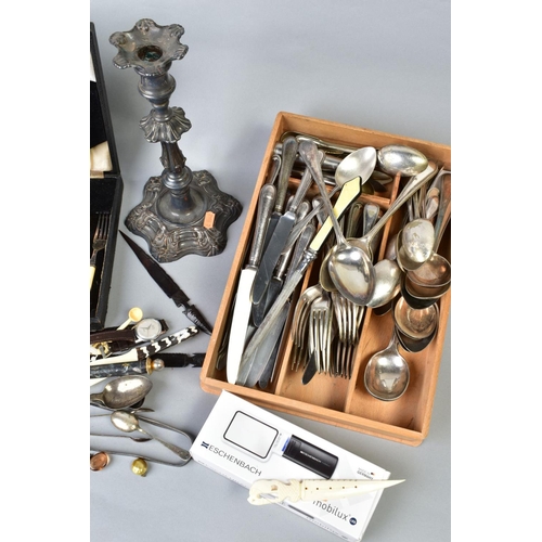 72 - TWO BOXES OF MISCELLANEOUS ITEMS, to include silverware, a set of six decorative teaspoons engraved ... 