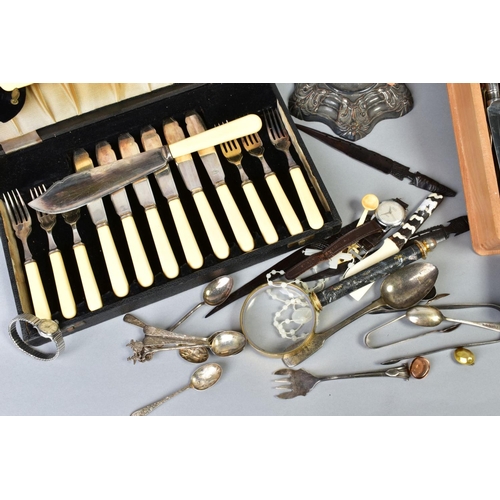 72 - TWO BOXES OF MISCELLANEOUS ITEMS, to include silverware, a set of six decorative teaspoons engraved ... 