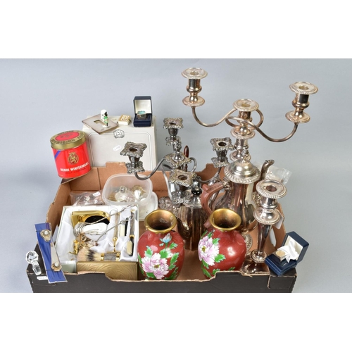 73 - A BOX OF MISCELLANEOUS ITEMS, to include two plated candelabras, a plated candlestick, a plated coff... 