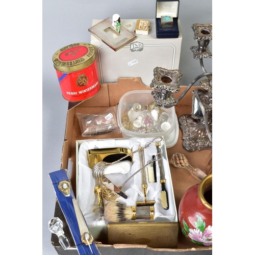 73 - A BOX OF MISCELLANEOUS ITEMS, to include two plated candelabras, a plated candlestick, a plated coff... 