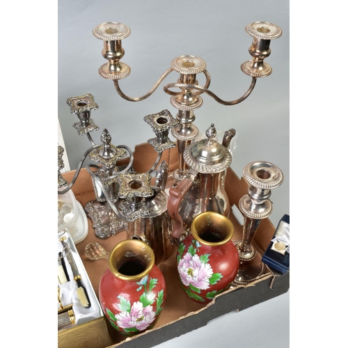 73 - A BOX OF MISCELLANEOUS ITEMS, to include two plated candelabras, a plated candlestick, a plated coff... 