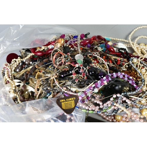 74 - A LARGE BAG OF COSTUME JEWELLERY, to include imitation pearls, bead necklaces, earrings, bangles etc