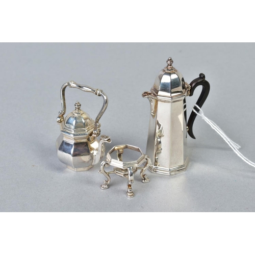 77 - AN ELIZABETH II MINIATURE SILVER SPIRIT KETTLE ON STAND AND HOT WATER JUG, both of octagonal form, k... 