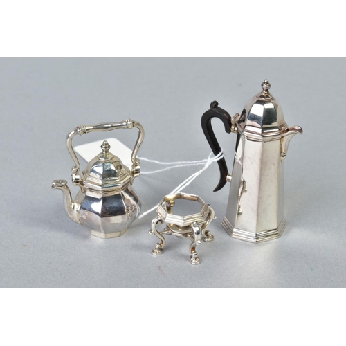 77 - AN ELIZABETH II MINIATURE SILVER SPIRIT KETTLE ON STAND AND HOT WATER JUG, both of octagonal form, k... 