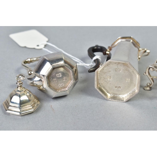 77 - AN ELIZABETH II MINIATURE SILVER SPIRIT KETTLE ON STAND AND HOT WATER JUG, both of octagonal form, k... 