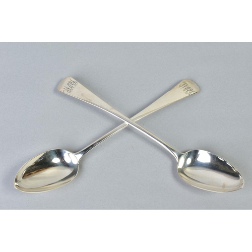 78 - A PAIR OF GEORGE IV SILVER OLD ENGLISH PATTERN BASTING SPOONS, engraved monograms, maker Jonathon Ha... 