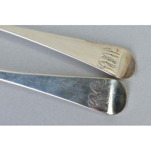 78 - A PAIR OF GEORGE IV SILVER OLD ENGLISH PATTERN BASTING SPOONS, engraved monograms, maker Jonathon Ha... 