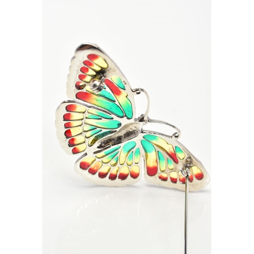 8 - A PLIQUE-A-JOUR AND MARCASITE BUTTERFLY BROOCH/PENDANT, the green, yellow and red plique-a-jour enam... 