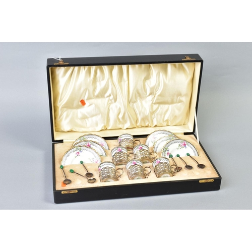 81 - A CASED 1920'S AYNSLEY BONE CHINA AND SILVER COFFEE SET, comprising six coffee cans and saucers, pri... 