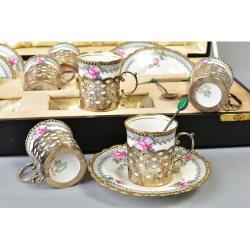 81 - A CASED 1920'S AYNSLEY BONE CHINA AND SILVER COFFEE SET, comprising six coffee cans and saucers, pri... 