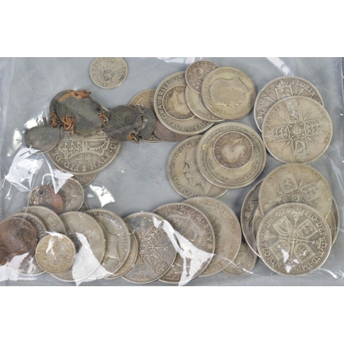 85 - A PLASTIC TUB OF MIXED COINAGE to include amounts of silver crowns, half crowns, florins etc