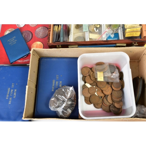 87 - A BOX OF COINS AND COIN RELATED BOOKS, to include a high grade 1887 crown coin, etc