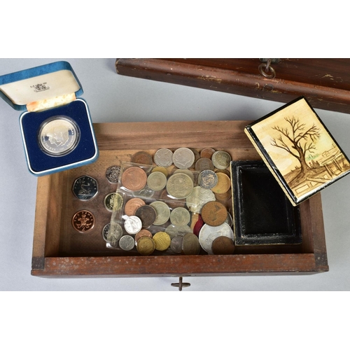 88 - A FIVE DRAWER CABINET, 24'' X 8'' X 12'' CONTAINING COINS AND CURIOS to include silver coins, five p... 