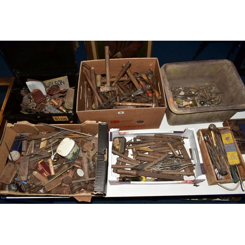 89 - SILVERSMITHS TOOLS AND OTHER TOOLS, PARTS AND OFFCUTS, in a tin box, three cardboard boxes, a plasti... 