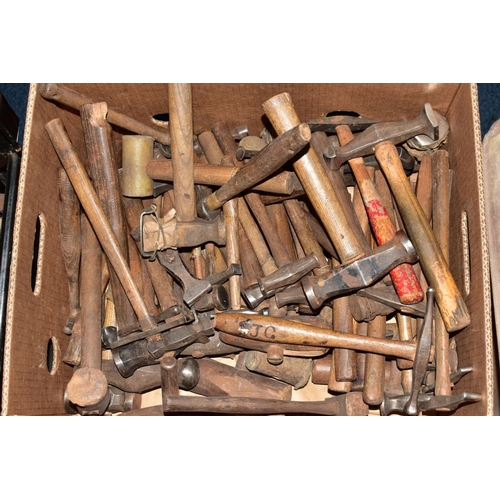 89 - SILVERSMITHS TOOLS AND OTHER TOOLS, PARTS AND OFFCUTS, in a tin box, three cardboard boxes, a plasti... 