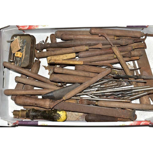 89 - SILVERSMITHS TOOLS AND OTHER TOOLS, PARTS AND OFFCUTS, in a tin box, three cardboard boxes, a plasti... 