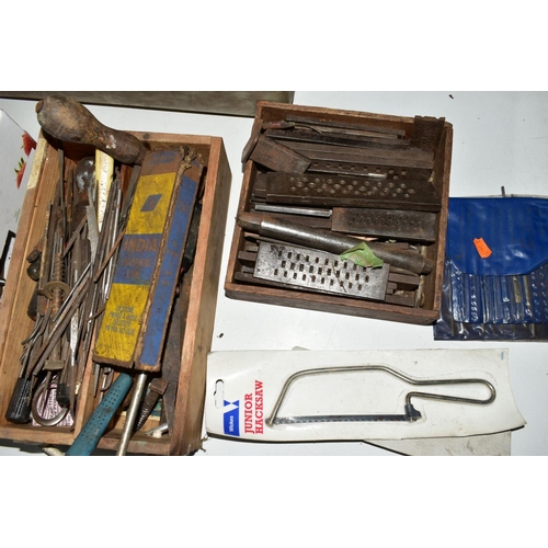 89 - SILVERSMITHS TOOLS AND OTHER TOOLS, PARTS AND OFFCUTS, in a tin box, three cardboard boxes, a plasti... 