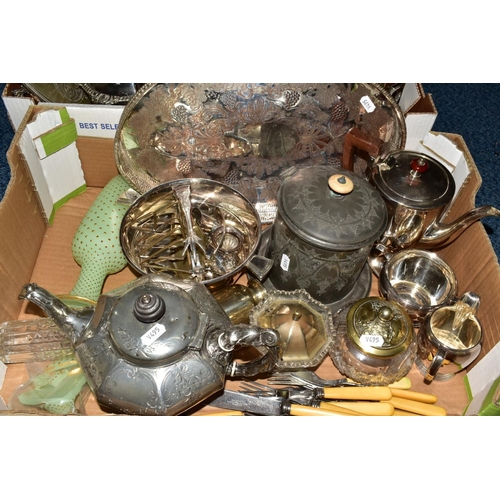 91 - TWO BOXES OF SILVER PLATE, etc including tea wares, fish eaters, trays, a Mappin & Webb candle lamp ... 