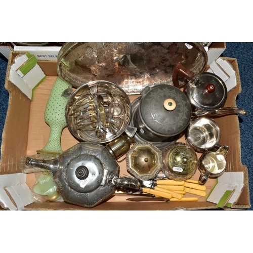 91 - TWO BOXES OF SILVER PLATE, etc including tea wares, fish eaters, trays, a Mappin & Webb candle lamp ... 