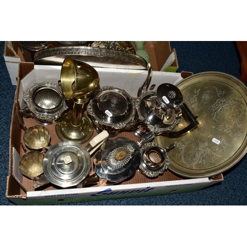 91 - TWO BOXES OF SILVER PLATE, etc including tea wares, fish eaters, trays, a Mappin & Webb candle lamp ... 