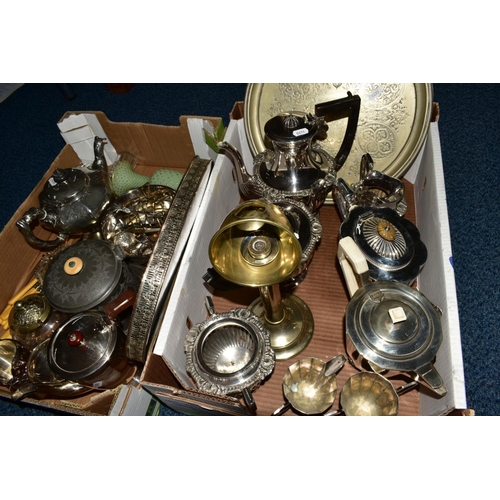 91 - TWO BOXES OF SILVER PLATE, etc including tea wares, fish eaters, trays, a Mappin & Webb candle lamp ... 