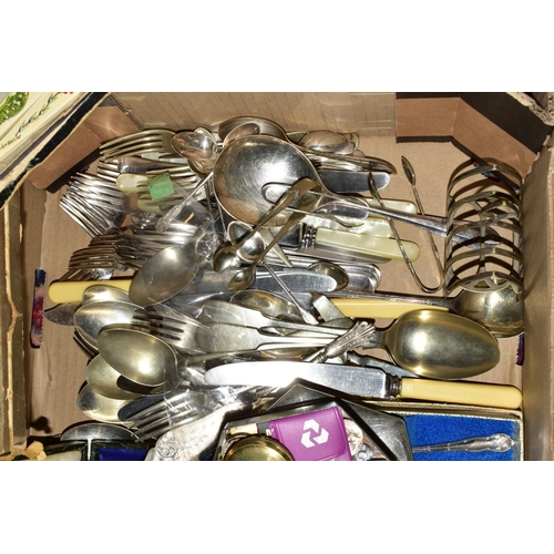 92 - A BOX OF CASED AND LOOSE CUTLERY AND FLATWARE, etc, including a tin containing two £5 coins and othe... 