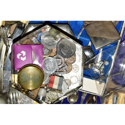 92 - A BOX OF CASED AND LOOSE CUTLERY AND FLATWARE, etc, including a tin containing two £5 coins and othe... 