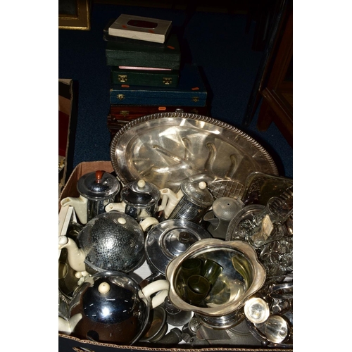 93 - A BOX OF CHROME PLATED TEAWARES, SILVER PLATED WARES, bakelite egg cups, etc and a quantity of cased... 