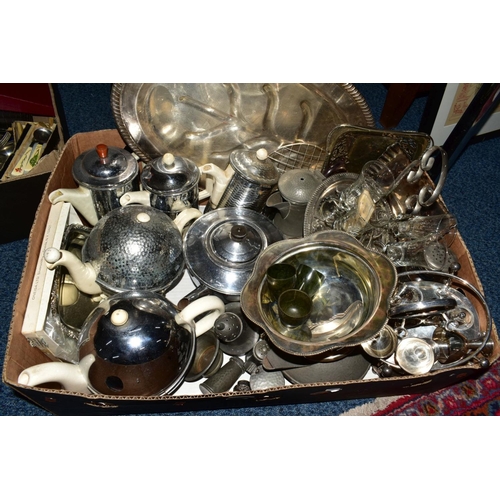 93 - A BOX OF CHROME PLATED TEAWARES, SILVER PLATED WARES, bakelite egg cups, etc and a quantity of cased... 