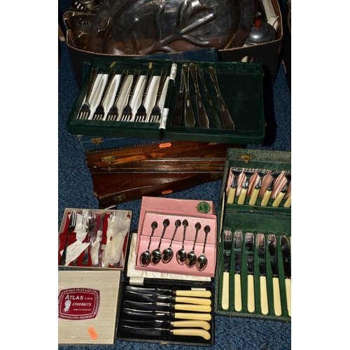 93 - A BOX OF CHROME PLATED TEAWARES, SILVER PLATED WARES, bakelite egg cups, etc and a quantity of cased... 