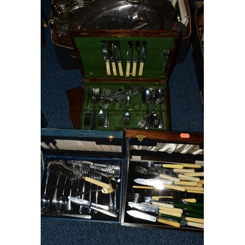 93 - A BOX OF CHROME PLATED TEAWARES, SILVER PLATED WARES, bakelite egg cups, etc and a quantity of cased... 