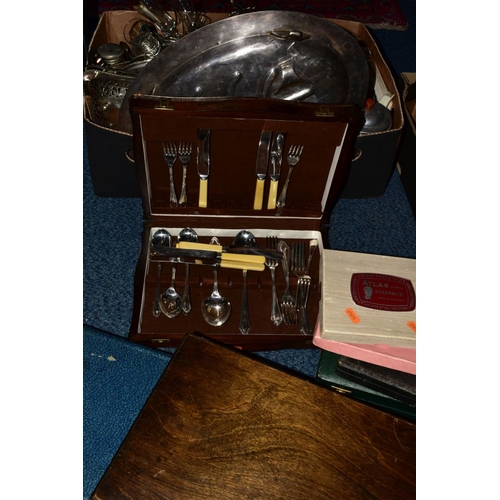 93 - A BOX OF CHROME PLATED TEAWARES, SILVER PLATED WARES, bakelite egg cups, etc and a quantity of cased... 