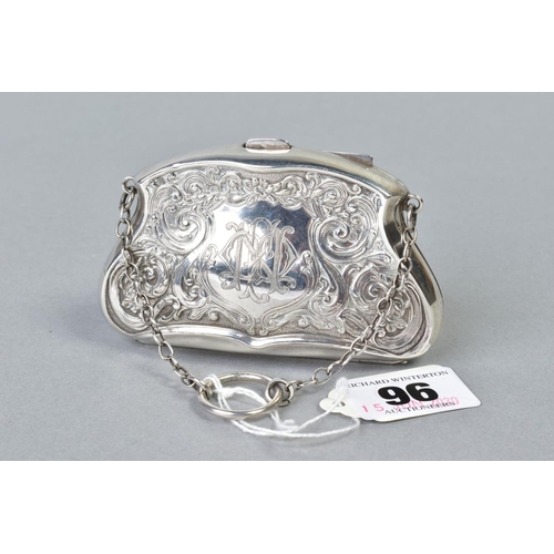 96 - AN EDWARDIAN SILVER PURSE, foliate scroll decoration cartouche to both sides, one engraved with mono... 