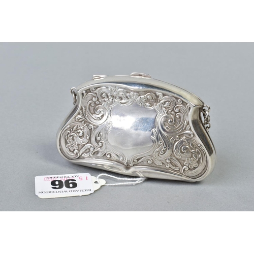 96 - AN EDWARDIAN SILVER PURSE, foliate scroll decoration cartouche to both sides, one engraved with mono... 