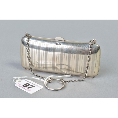 97 - A GEORGE V SILVER PURSE OF RECTANGULAR FORM, engine turned decoration, circular cartouche, leather l... 