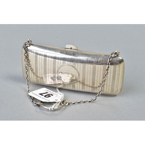 97 - A GEORGE V SILVER PURSE OF RECTANGULAR FORM, engine turned decoration, circular cartouche, leather l... 