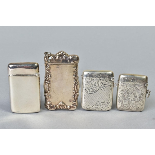 98 - FOUR VESTA CASES OF RECTANGULAR FORM, comprising three hallmarked silver, Joseph Gloster, Birmingham... 